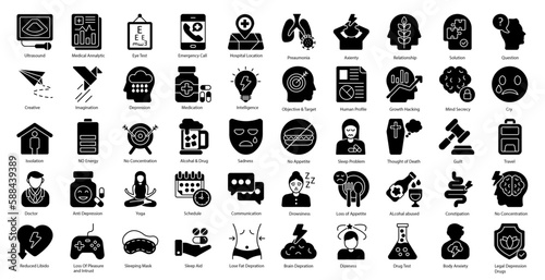 Anxiety Glyph Icons Depression Emotion Mental Health Iconset in Glyph Style 50 Vector Icons in Black