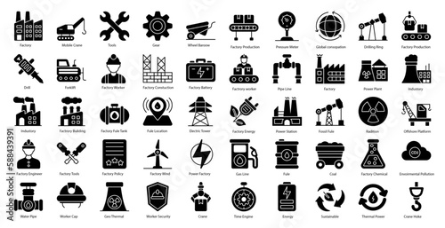 Factory Glyph Icons Production Machine Industry Iconset in Glyph Style 50 Vector Icons in Black