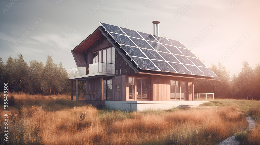 Modern eco wooden house with solar panels on the roof. Generative ai Modern eco wooden house with solar panels on the roof. Generative ai