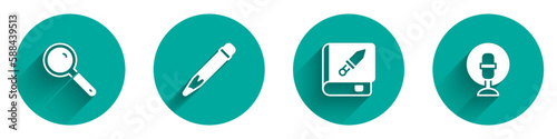 Set Magnifying glass, Pencil with eraser, Book about weapon and Microphone icon with long shadow. Vector