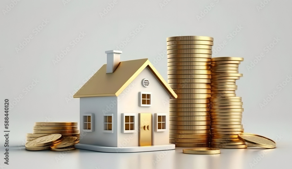 House and stack of coins with white background. Home savings concept. Energy saving. Cost of the house. Cost of living. Savings for home goal. Dreaming of home. AI generative. Investment property. - obrazy, fototapety, plakaty 
