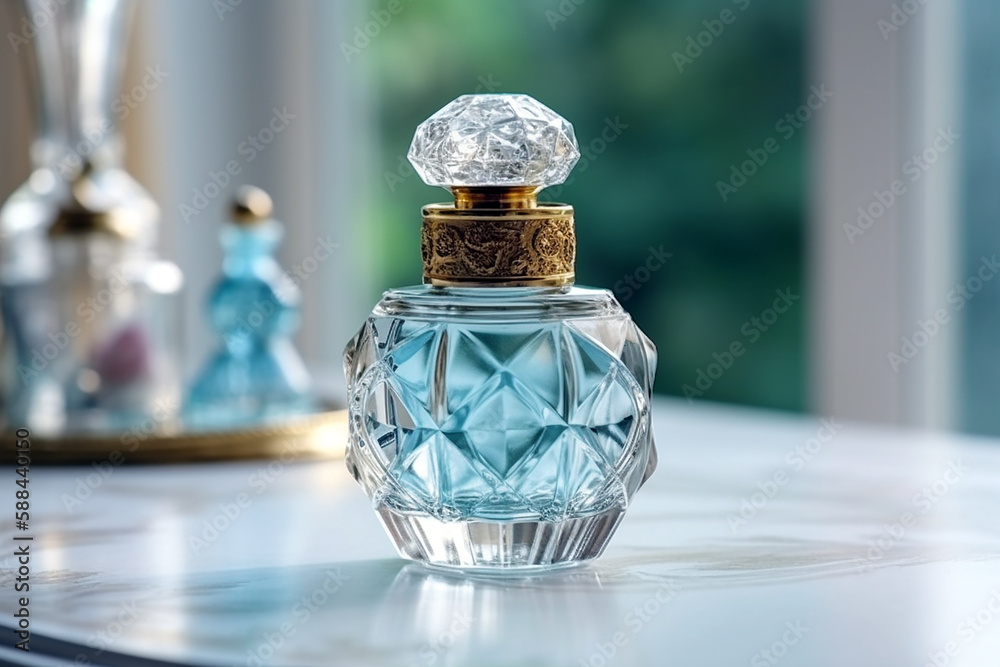 blue perfume bottle on blur background, generative ai blue perfume bottle on blur background, generative ai