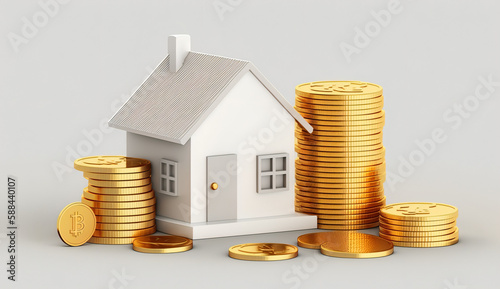 House and stack of coins with white background. Home savings concept. Energy saving. Cost of the house. Cost of living. Savings for home goal. Dreaming of home. AI generative. Investment property.