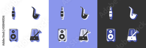 Set Metronome with pendulum, Audio jack, Stereo speaker and Saxophone icon. Vector