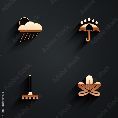 Set Cloud with rain and sun, Umbrella drops, Garden rake and Chestnut leaf icon with long shadow. Vector