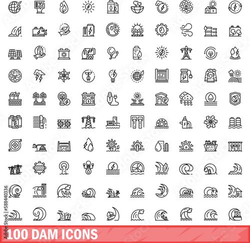 100 dam icons set. Outline illustration of 100 dam icons vector set isolated on white background