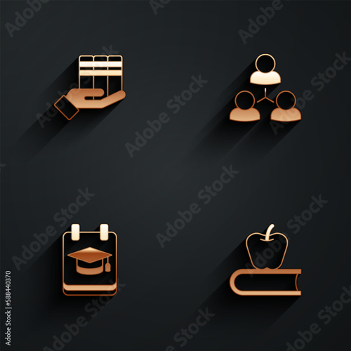 Set Book donation, Online class, education and with apple icon with long shadow. Vector