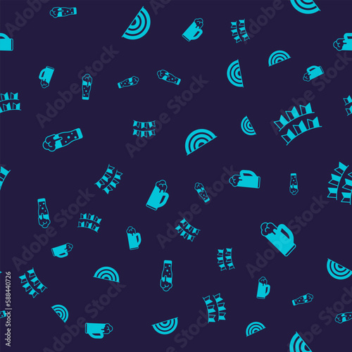 Set Glass of beer, Carnival garland with flags, Rainbow and on seamless pattern. Vector