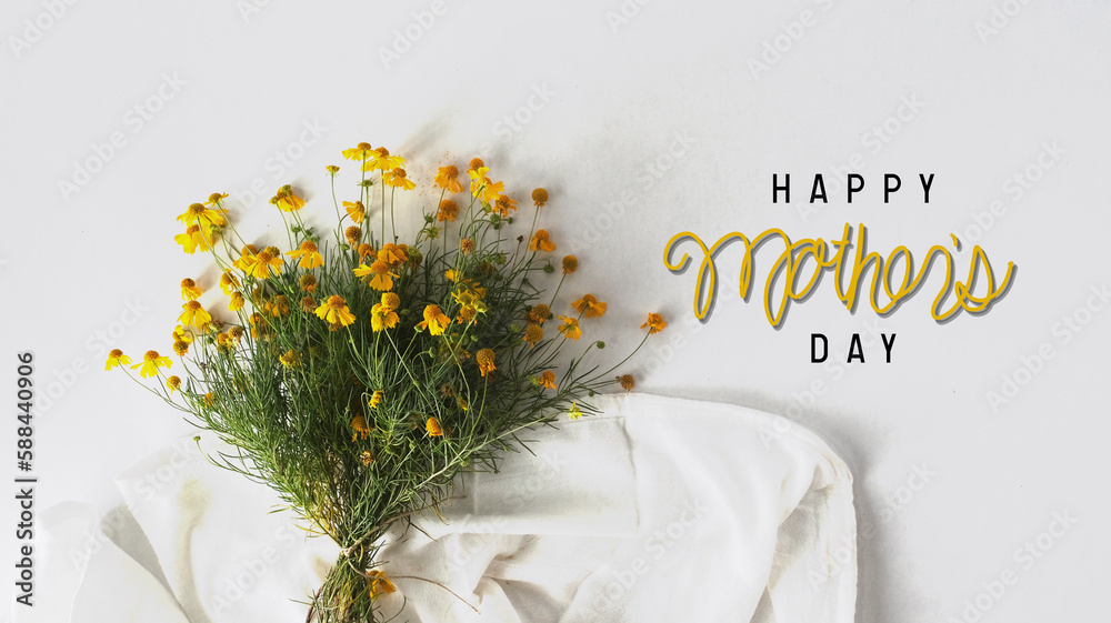 Yellow flowers with Happy mothers day greeting text on white background ...