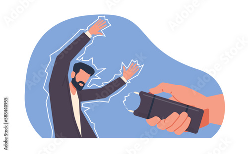 Hand holding stun gun, hit a person stun device, weapon for self defense. Protection from criminal. Electroshock weapon for defense, high voltage. Cartoon flat illustration. Vector concept