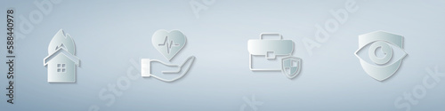 Set Fire in burning house, Life insurance hand, Briefcase with shield and Shield eye. Paper art style. Vector