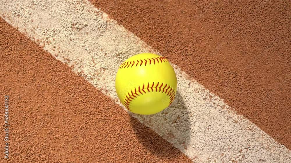 An overhead closeup shot of a softball sitting on the infield dirt