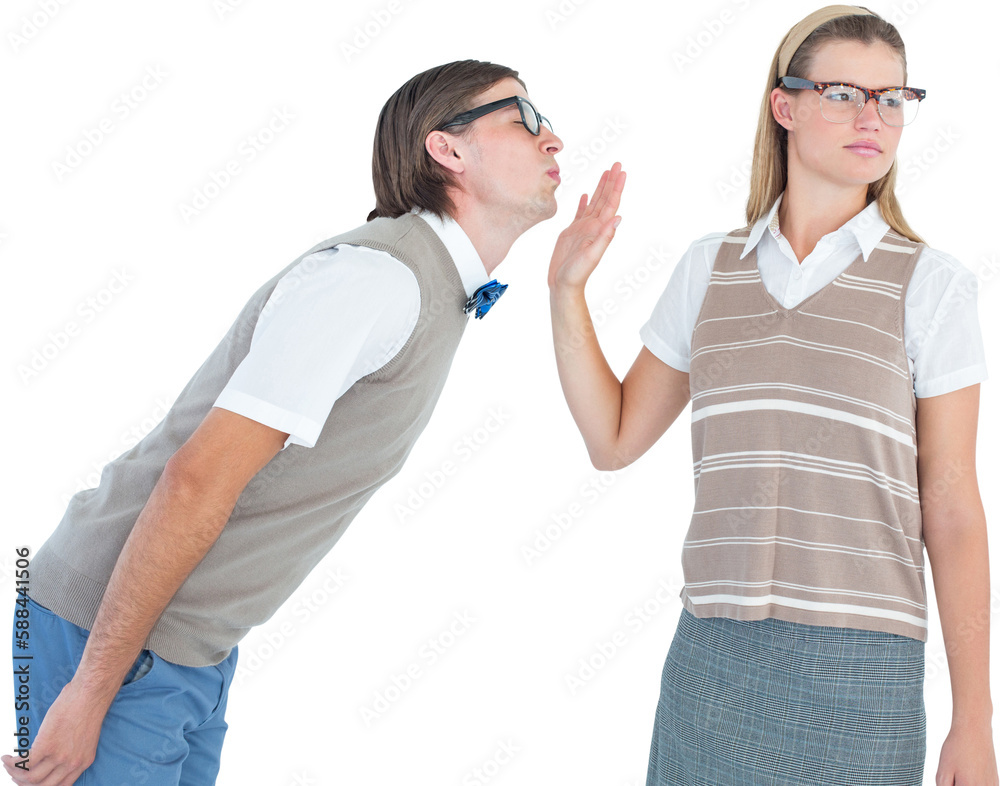 Geeky hipster making a stop sign to her boyfriend Geeky hipster making a stop sign to her boyfriend