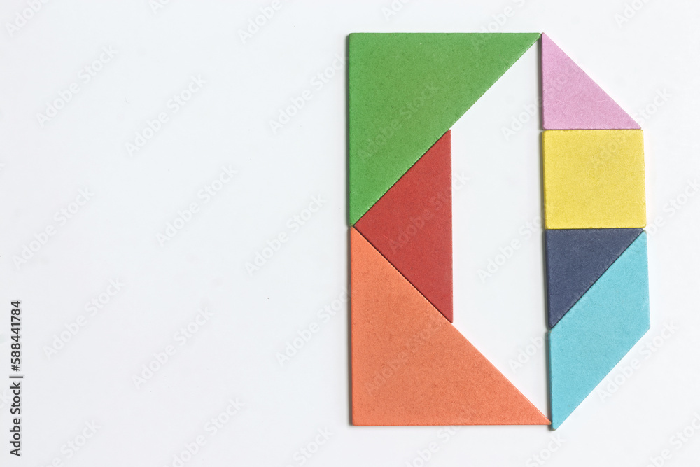 Color tangram puzzle in english alphabet D shape on white background