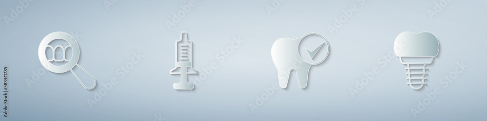 Set Dental search, Syringe, Tooth and implant. Paper art style. Vector Set Dental search, Syringe, Tooth and implant. Paper art style. Vector