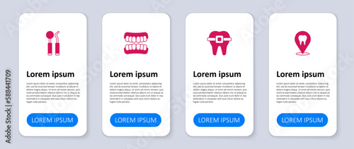 Set Dental clinic location, Teeth with braces, Dentures model and mirror and probe. Business infographic template. Vector