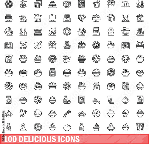 100 delicious icons set. Outline illustration of 100 delicious icons vector set isolated on white background