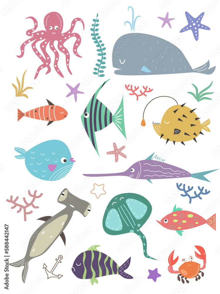 Big set of sea animals. Lots of different fish. Sea life. Undersea world.