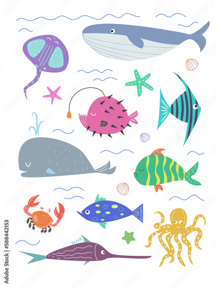 Big set of sea animals. Lots of different fish. Sea life. Undersea world. Big set of sea animals. Lots of different fish. Sea life. Undersea world.