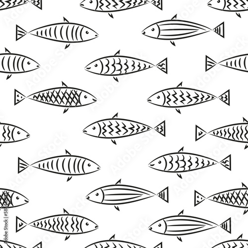 Seamless pattern. Line drawn fish. Graphic drawing. Marine background.