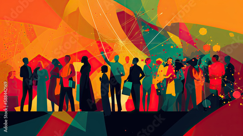 silhouette d'un groupe de personnes en ombre chinoise sur un fond graphique et multicolore