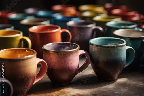 A Set Of Colorful Ceramic Mugs. Generative AI