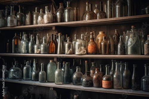 Antique Glass Bottles On Wooden Shelves. Generative AI