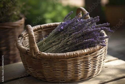 A Wicker Basket Filled With Lavender. Generative AI
