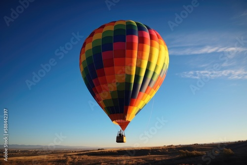 A Hot Air Balloon In A Clear Blue Sky. Generative AI © Anastasiia