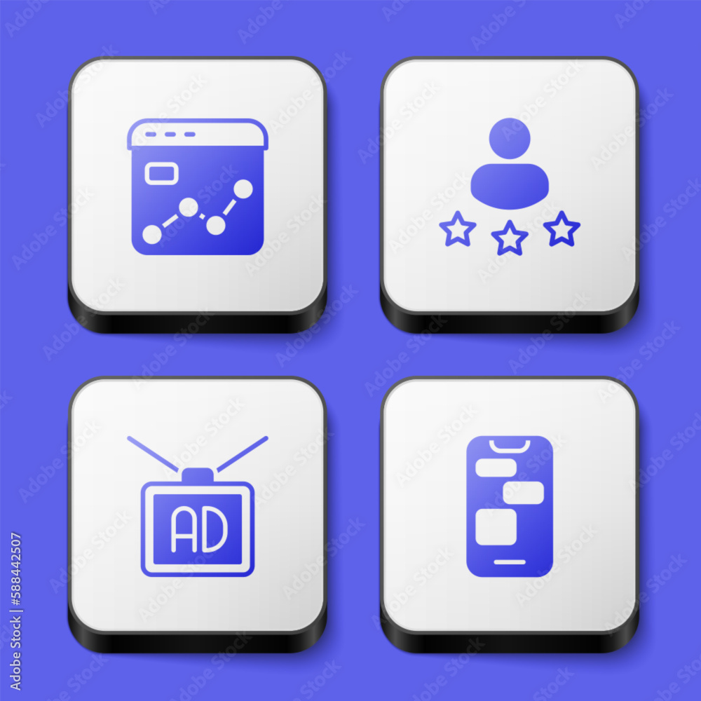 Set Market analysis, Consumer product rating, Advertising and Mobile 24 hours support icon. White square button. Vector Set Market analysis, Consumer product rating, Advertising and Mobile 24 hours support icon. White square button. Vector