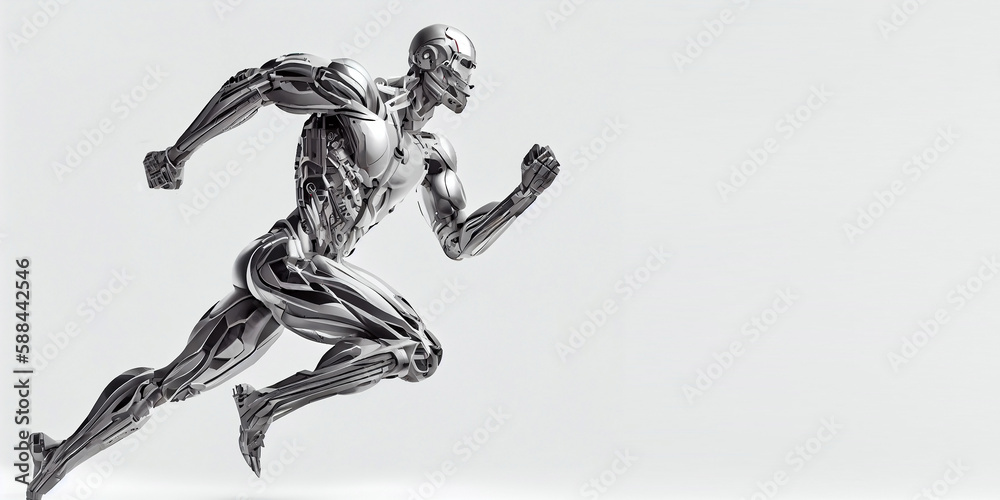 A fast running humanoid muscular robot athlete on an isolated light gray background, with free space for any inscription or text. Generative AI A fast running humanoid muscular robot athlete on an isolated light gray background, with free space for any inscription or text. Generative AI