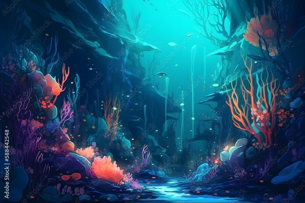 Underwater landscape, illiustration. Generative AI Underwater landscape, illiustration. Generative AI