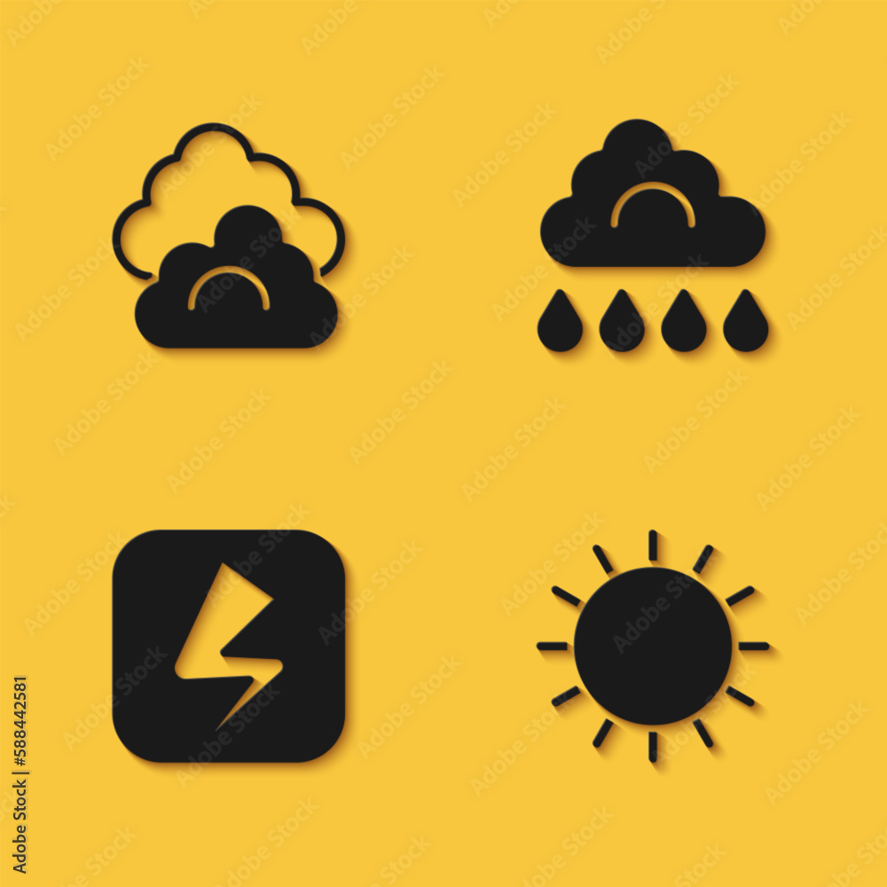 Set Cloud, Sun, Lightning bolt and with rain icon with long shadow. Vector Set Cloud, Sun, Lightning bolt and with rain icon with long shadow. Vector