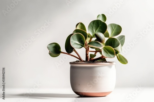 Baby Rubber Plant Peperomia Obtusifolia In A White Pot On A White Background. Generative AI