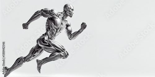 A fast running humanoid muscular robot athlete on an isolated light gray background, with free space for any inscription or text. Generative AI