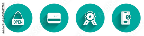Set Hanging sign with text Open, Credit card, Stars rating and Mobile dollar icon with long shadow. Vector