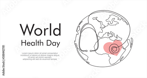 World health day.Single continuous line of globe and stethoscope. 