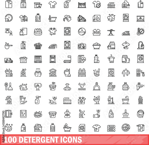 100 detergent icons set. Outline illustration of 100 detergent icons vector set isolated on white background