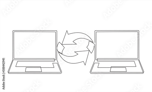 File transfer. Continuous One  line drawing of Two laptops with arrows  in a circle. Copy files, data exchange, backup, PC migration, file sharing concepts.