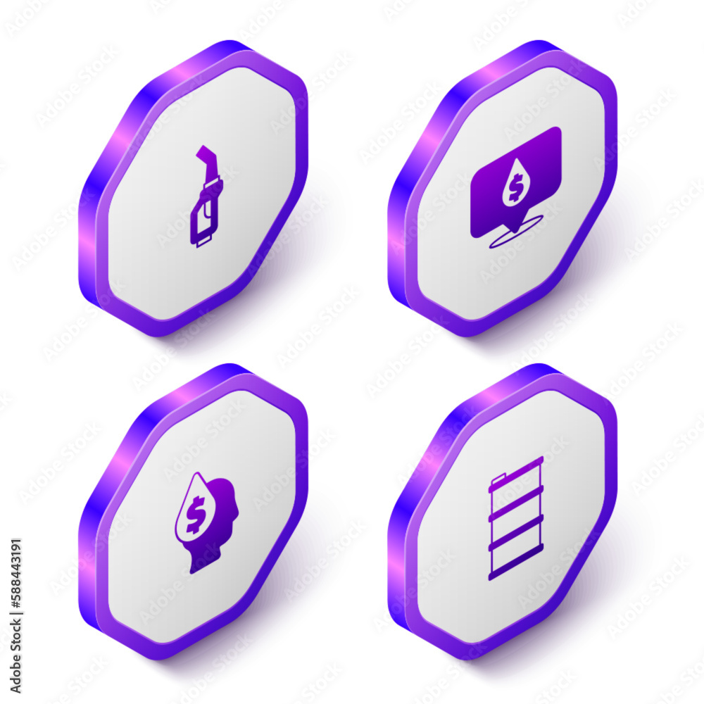 Set Isometric Gasoline pump nozzle, Oil drop with dollar symbol, and Barrel oil icon. Purple hexagon button. Vector Set Isometric Gasoline pump nozzle, Oil drop with dollar symbol, and Barrel oil icon. Purple hexagon button. Vector