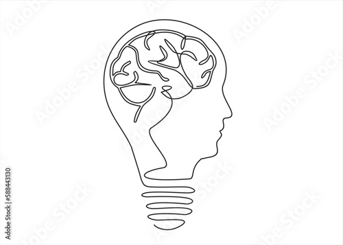 Continuous One  line drawing of light bulb, in the form of a human face with brain inside. Smart power and psychological company icon label concept.