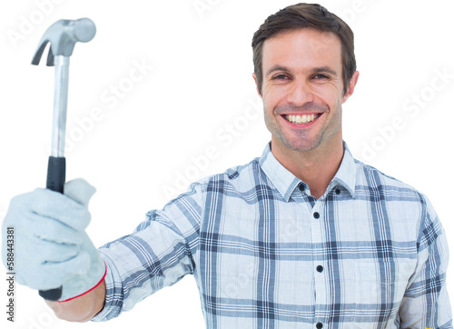 Happy handyman holding hammer