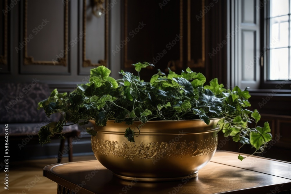 English Ivy With Trailing, Green Leaves In A Classic And Elegant Brass Planter In A Sophisticated Apartment. Generative AI English Ivy With Trailing, Green Leaves In A Classic And Elegant Brass Planter In A Sophisticated Apartment. Generative AI