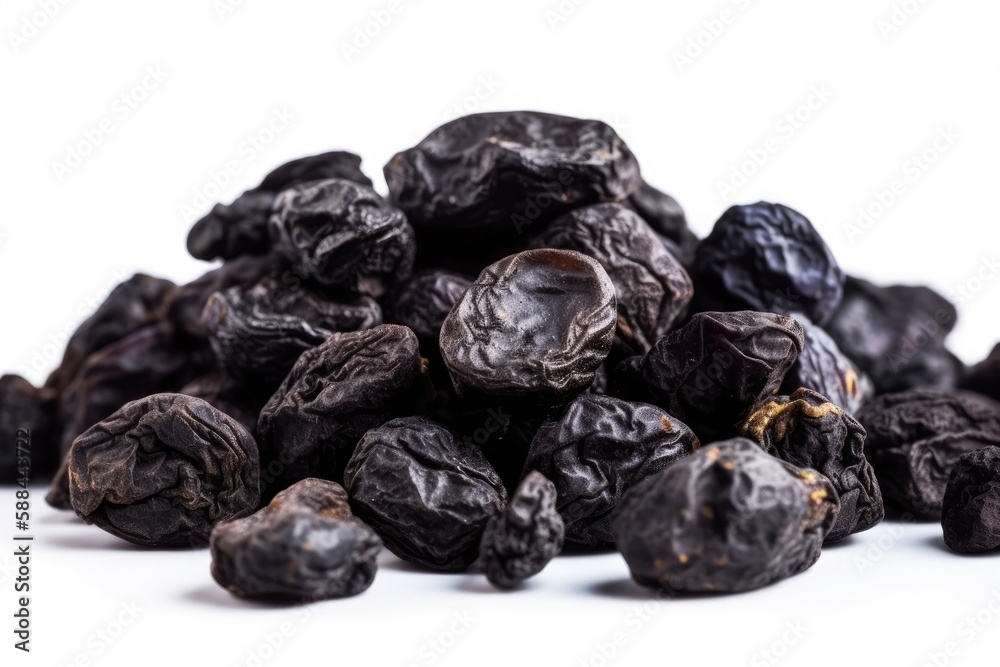 Freeze Dried Prunes On White Background. Generative AI Freeze Dried Prunes On White Background. Generative AI