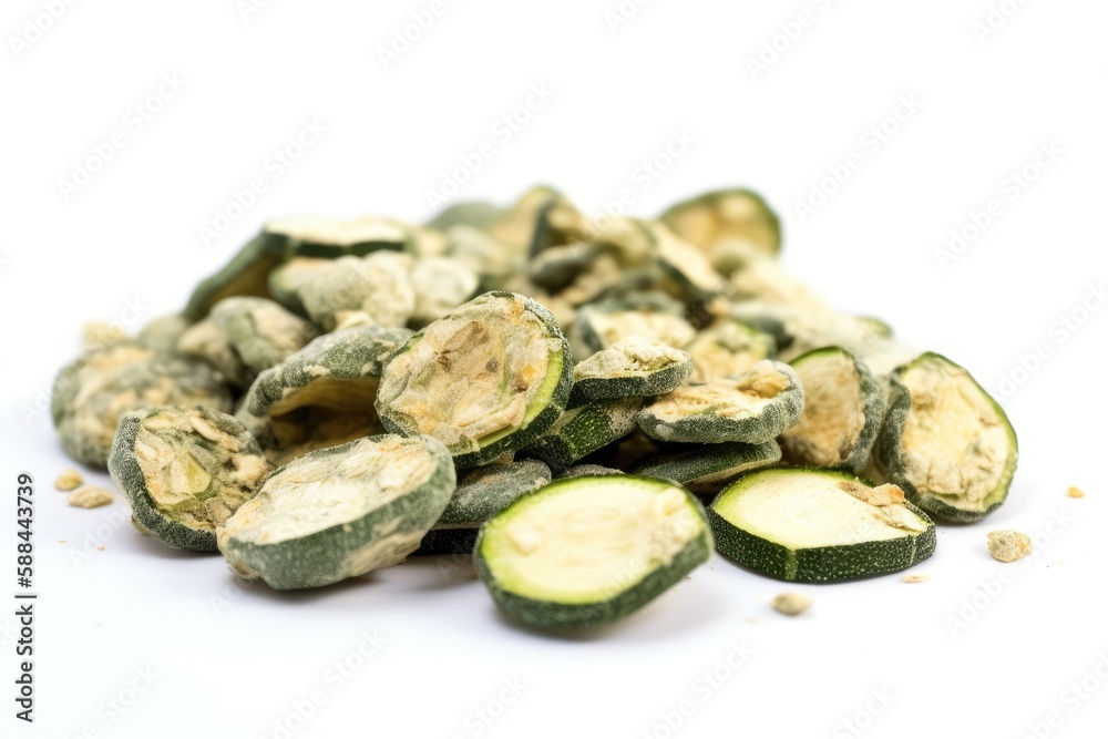 Freeze Dried Zucchini On White Background. Generative AI Freeze Dried Zucchini On White Background. Generative AI