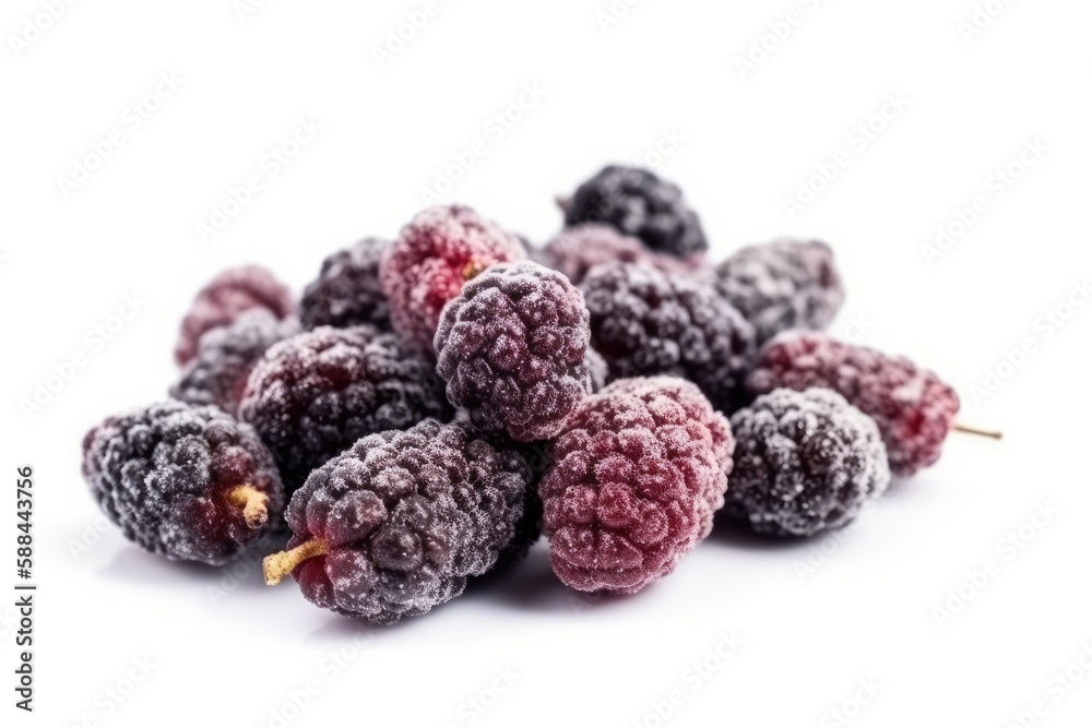 Frozen Mulberries On White Background. Generative AI Frozen Mulberries On White Background. Generative AI