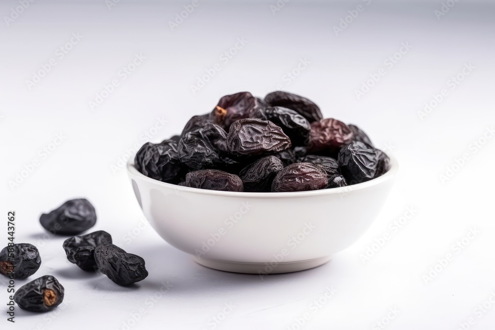 Dried Prunes In A White Bowl On A White Background. Generative AI Dried Prunes In A White Bowl On A White Background. Generative AI