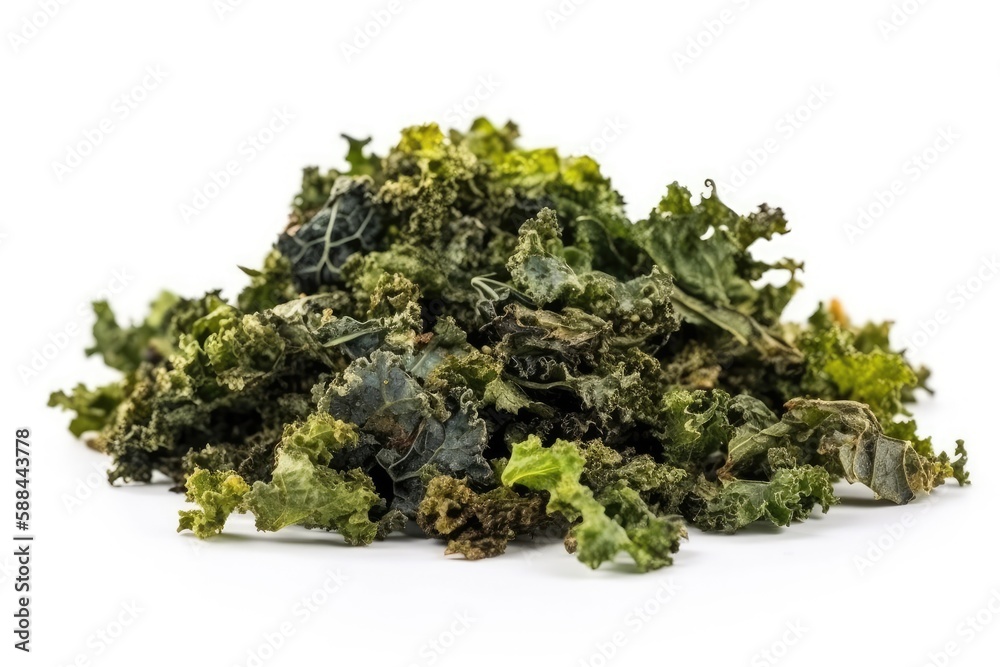 Freeze Dried Kale On White Background. Generative AI Freeze Dried Kale On White Background. Generative AI