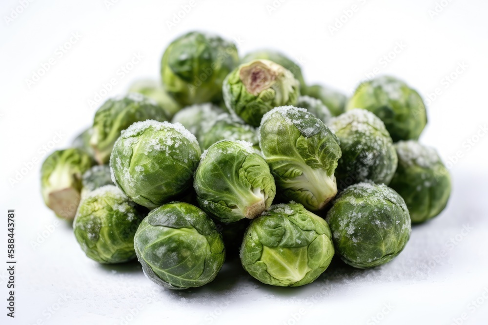 Frozen Brussels Sprouts On White Background. Generative AI Frozen Brussels Sprouts On White Background. Generative AI