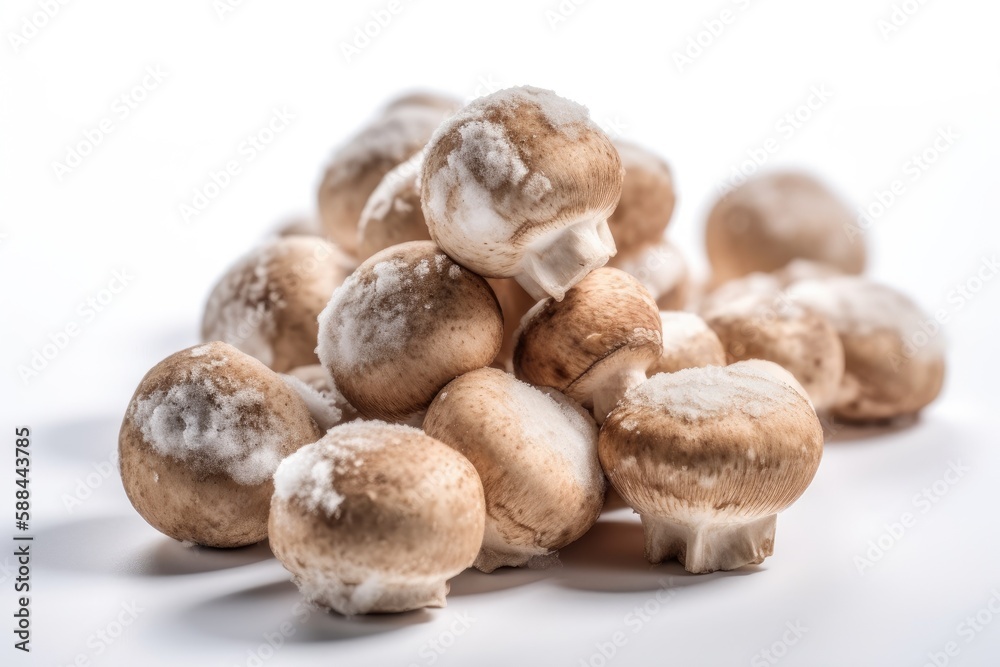 Frozen Mushrooms On White Background. Generative AI Frozen Mushrooms On White Background. Generative AI